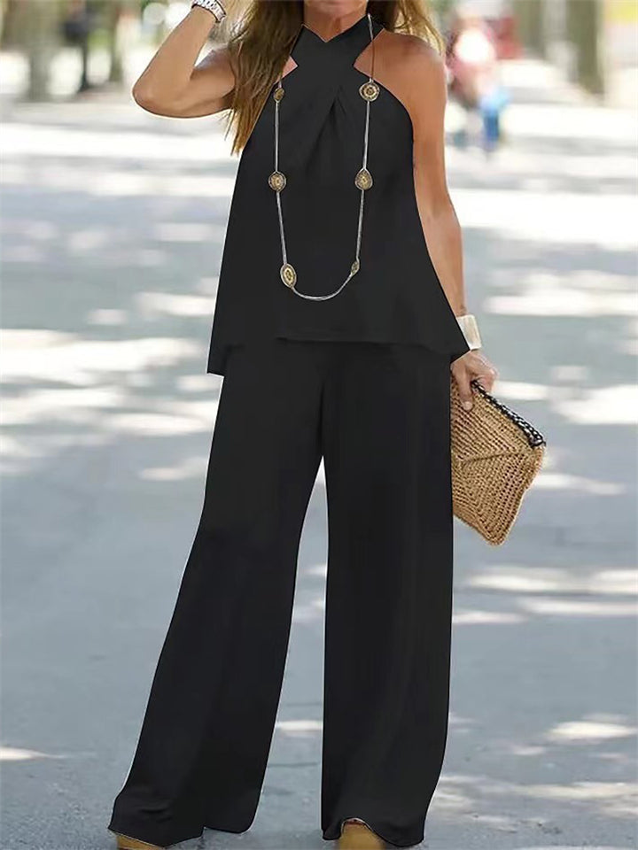 Female Popular Casual Halter Neck Sleeveless Solid Color Outfit