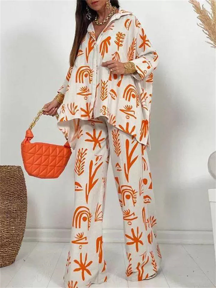 Women's 2Pcs Casual Holiday Style Printed Asymmetric Hem Top & Wide Leg Pants Set