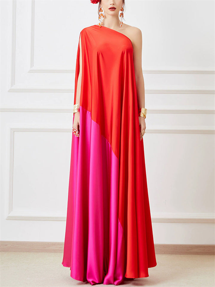 Women's Contrast color Asymmetric One-Shoulder Long Dress