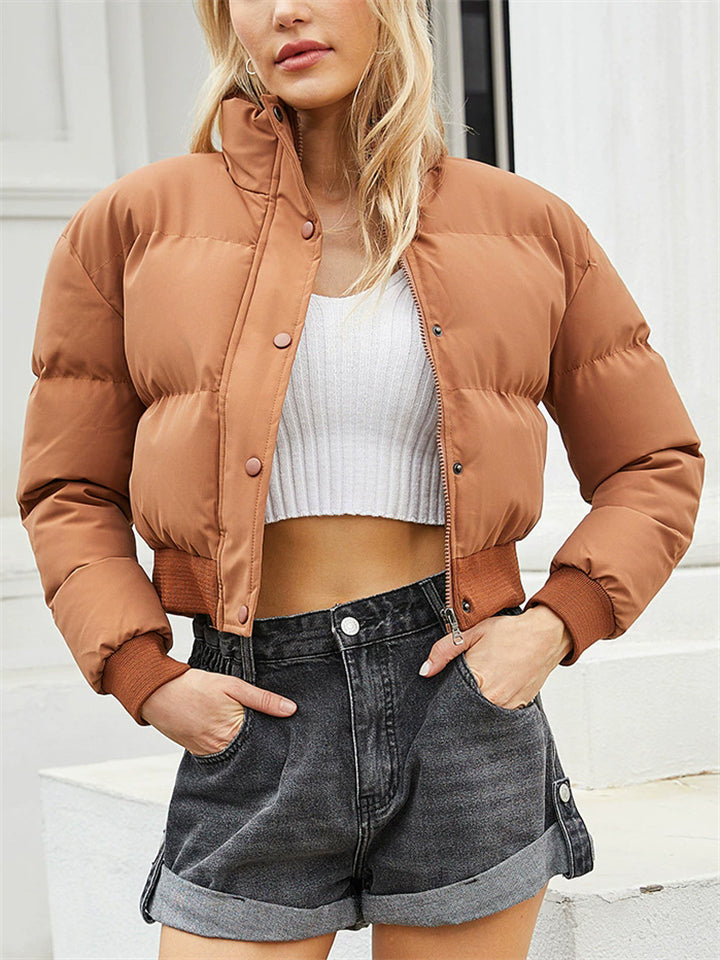 Women's Winter Solid Long-sleeved Cropped Puffer Coats