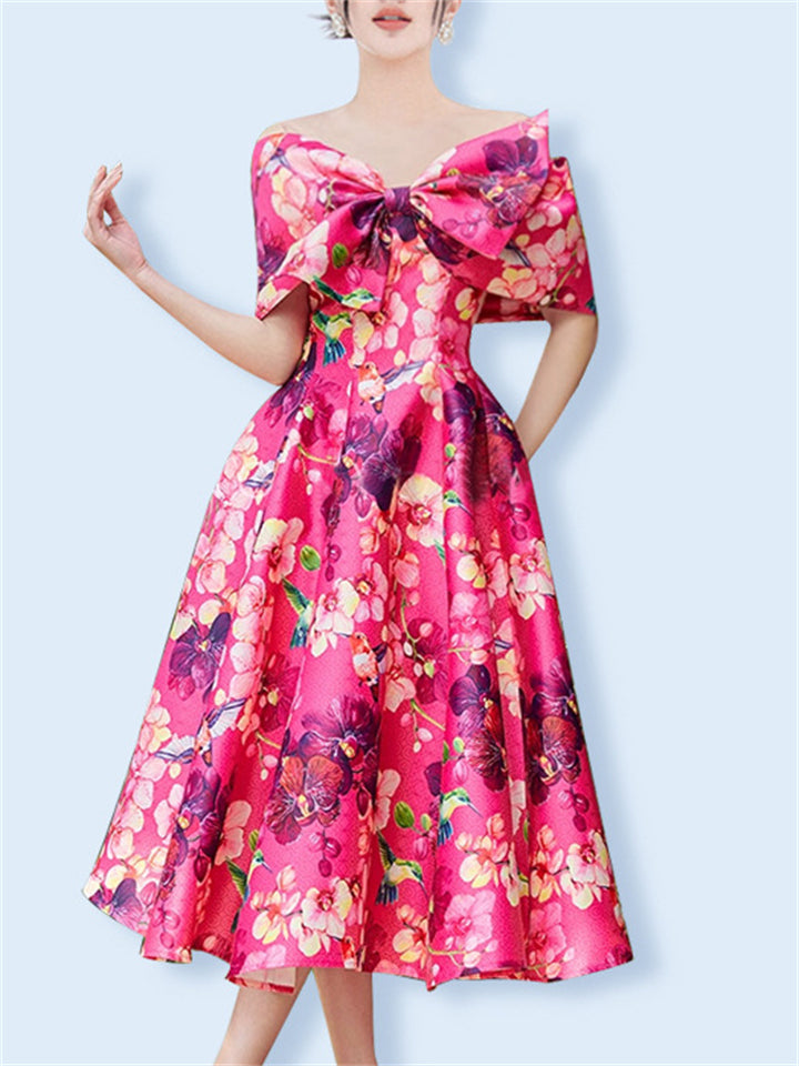 French Style Women's Bow Tie Floral Print Big Hem Midi Dress