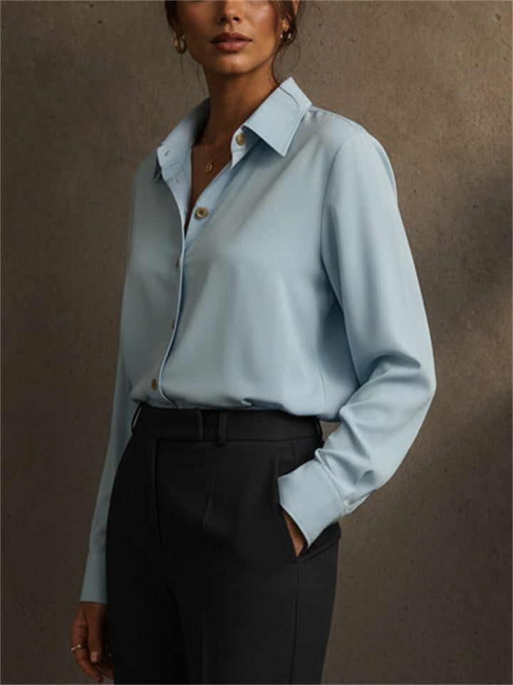 Women Light Blue Long Sleeve Button Down Work Blouse Shirts