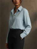 Women Light Blue Long Sleeve Button Down Work Blouse Shirts