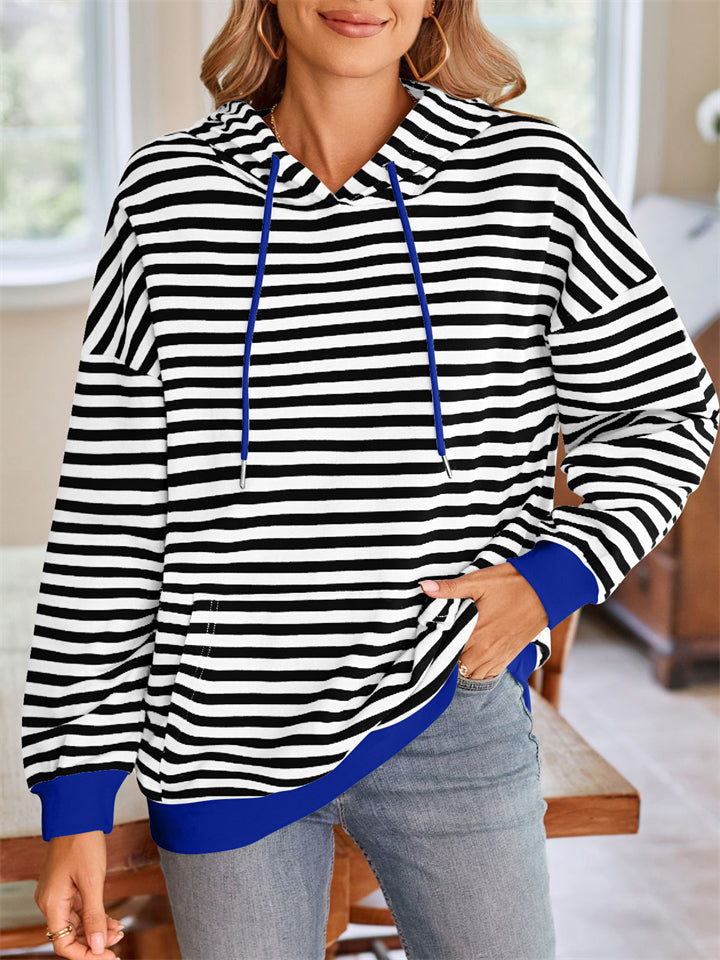 Women's Contrast Color Stripe Long Sleeve Hooded Sweatshirts