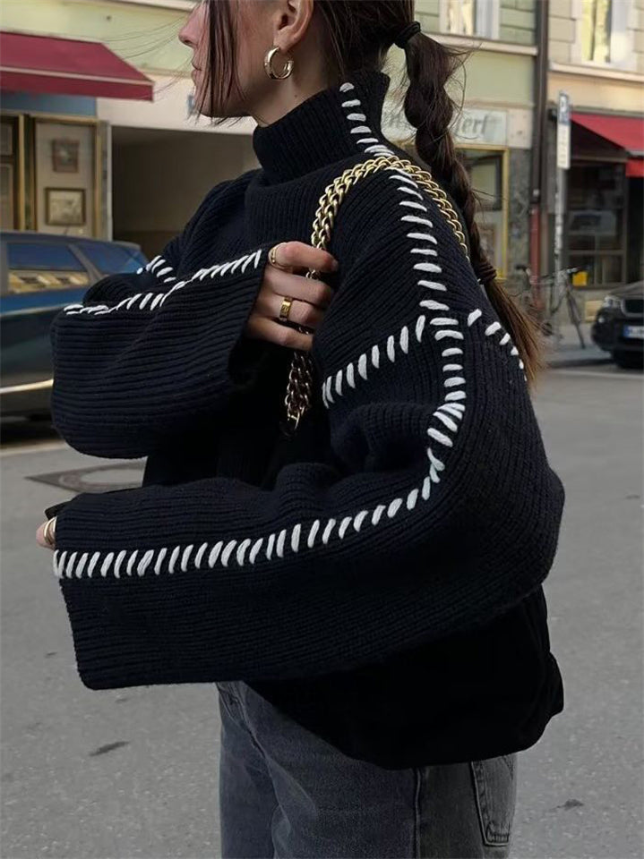 Women's Trendy Contrast Color Round High Neck Sweater