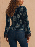 Women Vintage Floral Lace Trim V Neck Flare Sleeve Top