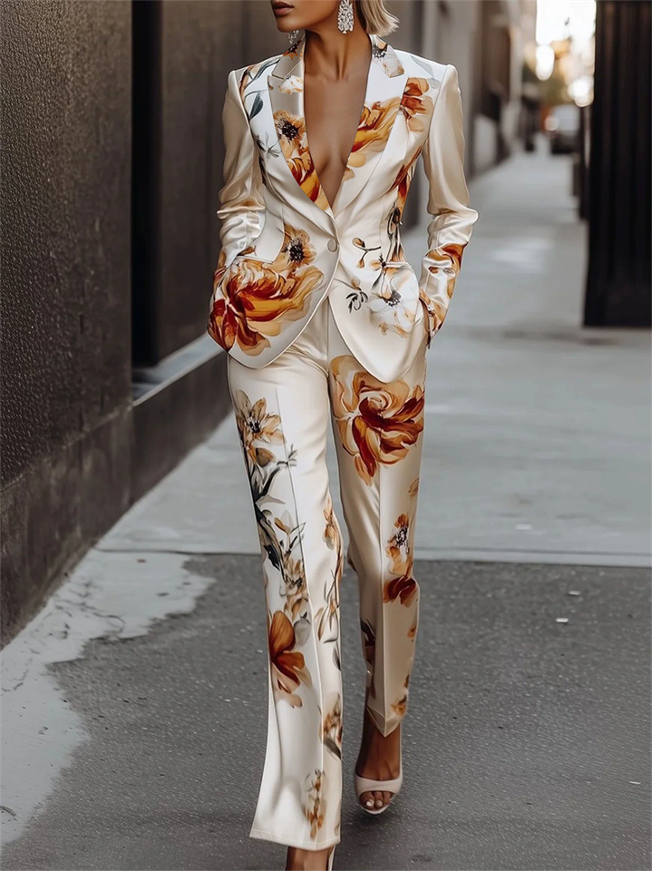 Women's Elegant Floral Print Single Breasted Satin Blazer and Pants Set