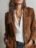‌Womens Vintage Suede Blazer with Pockets and Button Closure‌