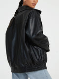 ‌Stylish Faux Leather Lapel Oversized Moto Jacket for Women