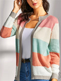 Women's Contrast Color Button Up Round Neck Cardigan Sweater