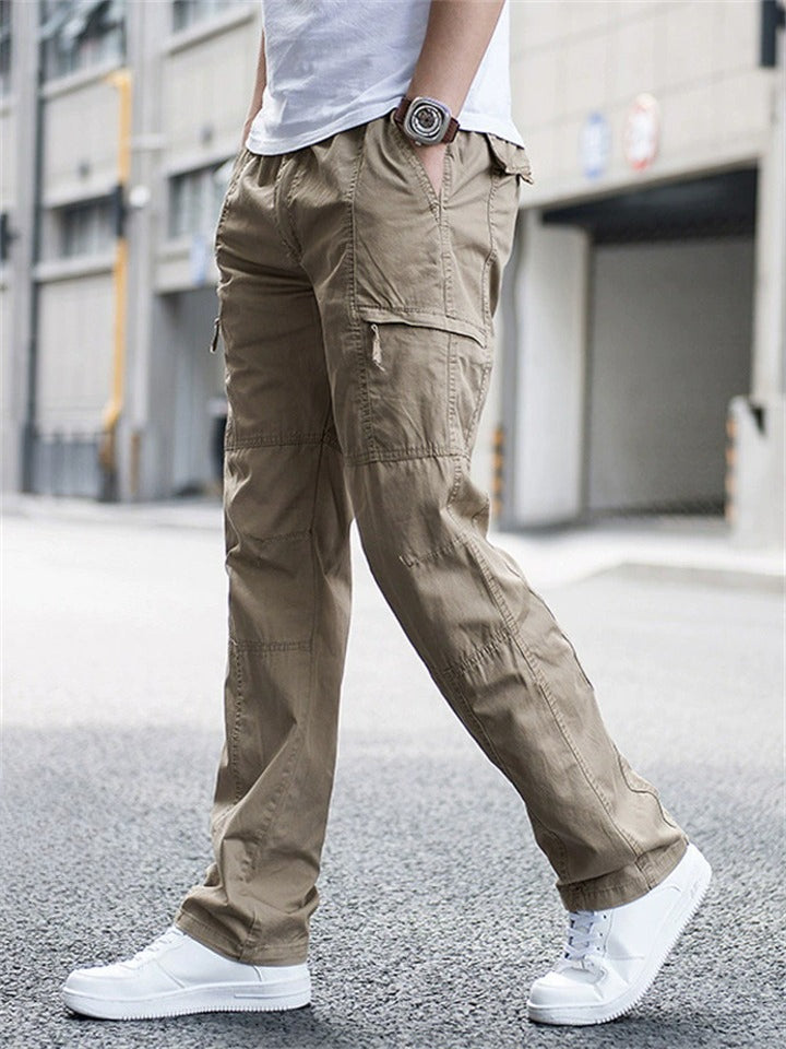 Simple Autumn Cotton Cargo Trousers for Men with Multiple Pockets