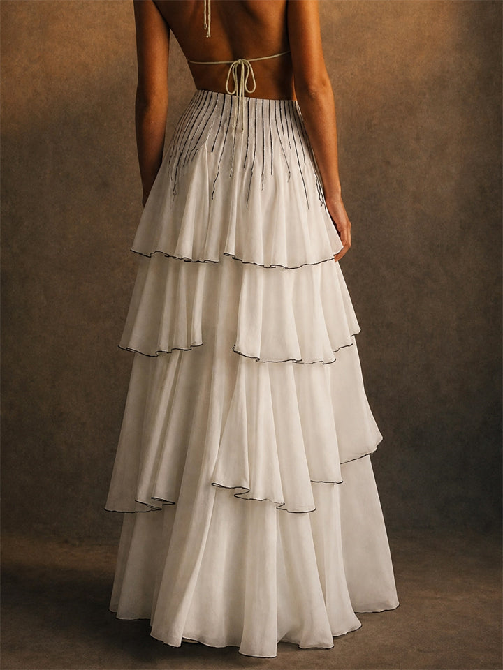 Women White Chiffon Contrast Trim Tiered Ruffle Maxi Skirt