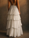 Women White Chiffon Contrast Trim Tiered Ruffle Maxi Skirt