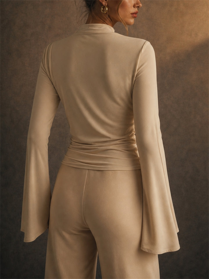 Womens Elegant Ruched Mock Neck Draped Flare Bell Sleeve Top