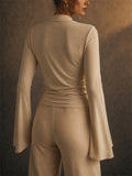 Womens Elegant Ruched Mock Neck Draped Flare Bell Sleeve Top