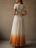 Women Ombre Pleated Sweetheart Neck Short Sleeve Maxi Gown Dress