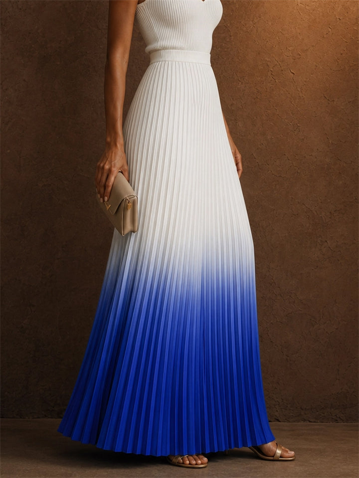 Women Elegant High Waist Ombre Gradient Pleated Maxi Skirt