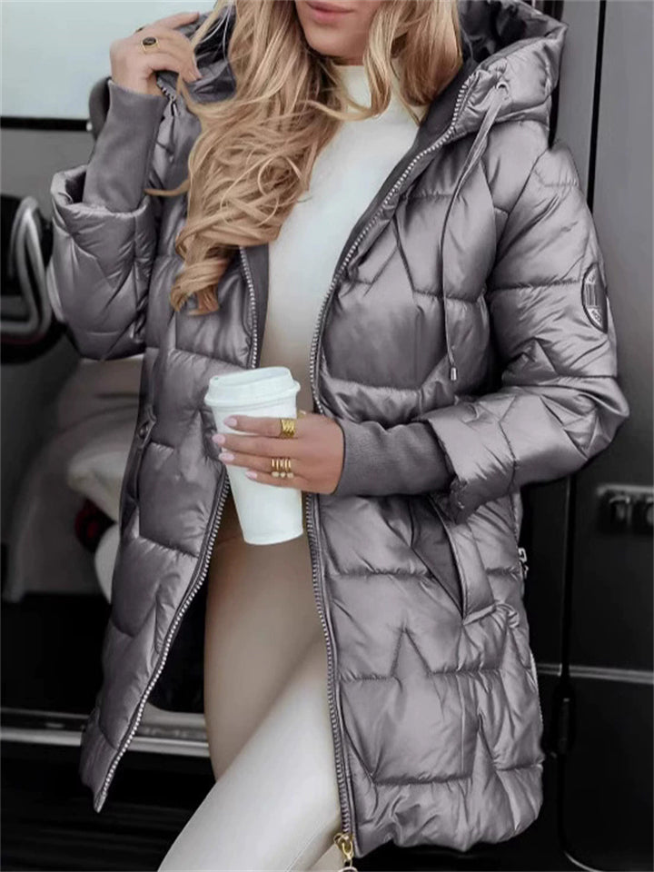 Women's Winter Casual Solid Color Zip Up Hooded Mid-length Coats