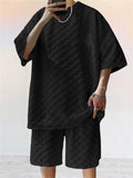 Loose Sporty Short Sleeve Jacquard Plaid Outfits for Men