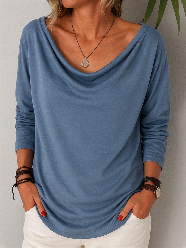 Women's Solid Color Round Neck Pile Collar Long Sleeve T-Shirt