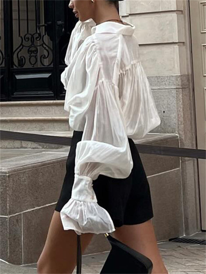 Women's Trendy Loose Lapel Puff Long Sleeve Blouse