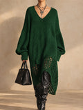 Women V Neck Oversized Knit Long Sleeve Sweater Dress with Crochet Hem