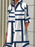 Women's Geometric Strip Printed Button Up Long Sleeve Knee Length Shirt Dress