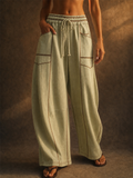 Women High Waist Contrast Trim Drawstring Wide Leg Scimitar Pants