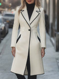 Women's Trendy White Contrast Trim Lapel  Single Breasted Long Suit Coat