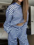 Women's Comfy Round Neck Striped Loose Fit Casual Top and Drawstring Pants Set