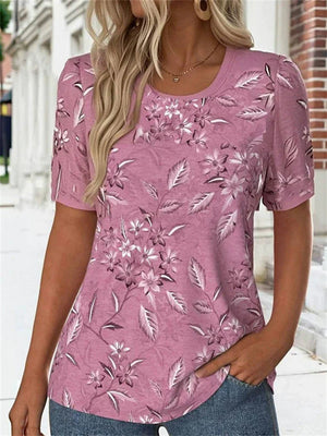 Women's Casual Plants Printed Round Neck Short Sleeve T-Shirt