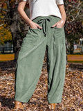 ‌Drawstring Corduroy Pockets Wide Leg Cropped Pants for Women‌