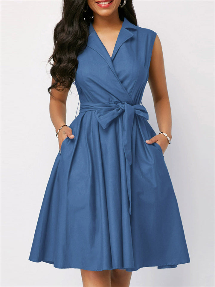 Women's Solid Color V Neck Lapel Tie-Waist Sleeveless Dress