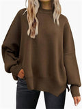 Autumn Round Neck Lantern Sleeve Side Slit Women Knit Sweater