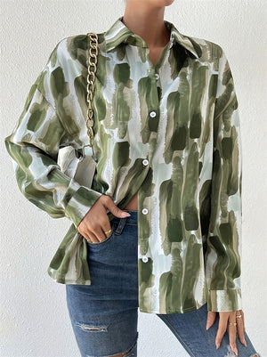 Women's Retro Casual Green Contrast Color Print Long Sleeve Blouses
