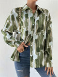 Women's Retro Casual Green Contrast Color Print Long Sleeve Blouses