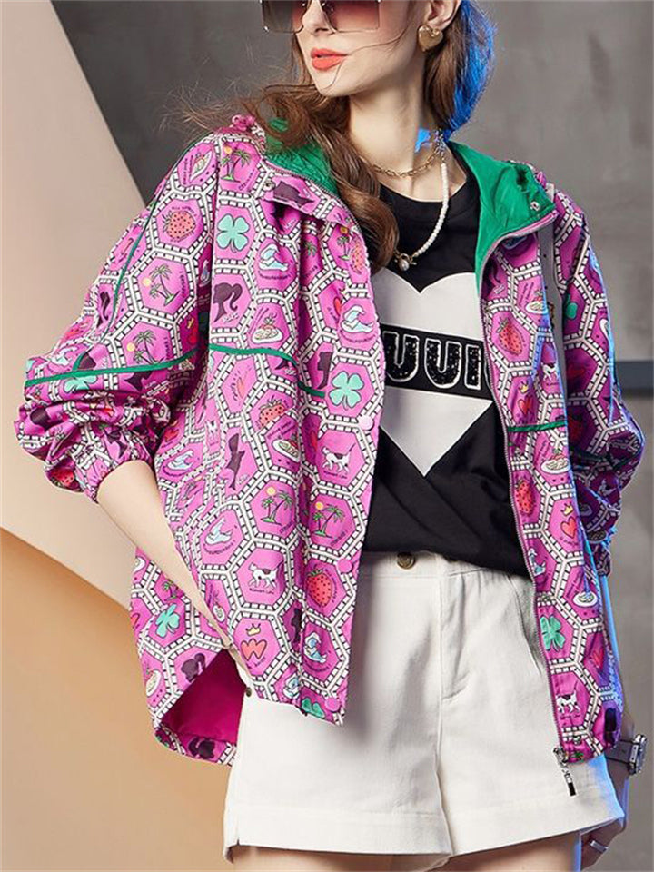 Autumn Floral Print Colorblock Hooded Jacket for Women