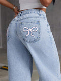 ‌Women's Light Blue Cherry Embroidered Denim Pants High-Waist Loose Fit