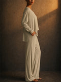 Women Ribbed Knit 2 Piece V Neck Drop Shoulder Wide Leg Pants Lounge Set