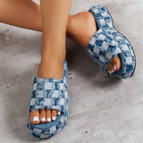 Vintage Plaid Raw Edge Denim Thick Sole Slippers for Lady