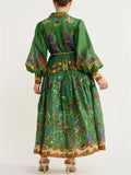 Women's Vintage Print Lantern Sleeve Button Up Green Long Dress