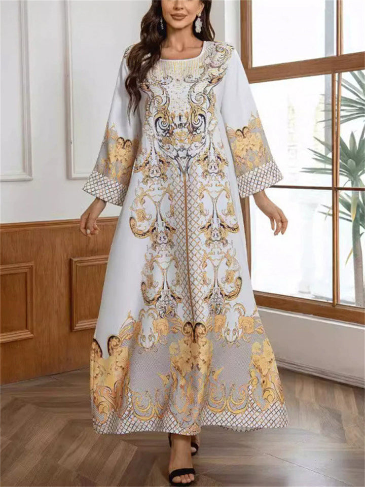 Women's Yellow Printed Beads Round Neck Muslim Robe Dress