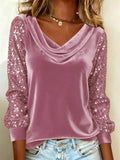 Women's Vintage Velvet Long Sleeve Cowl Collar‌ Blouses with Sequin Sleeves