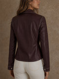 Womens Burgundy Faux Leather Contrast Stitch Button Jackets