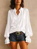 Women Velvet Ruffle Blouse Long Sleeve Button Down Shirt