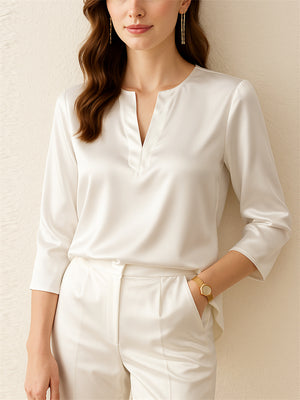 Ladies' Elegant Solid Color V Neck 3/4 Sleeve Satin Blouses