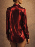 Womens Red Metallic Shiny Long Sleeve Button Down Blouses