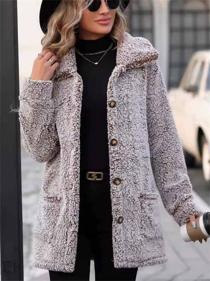 Women's Autumn Solid Color Mid-Length Single Breasted Fleece Coats