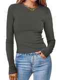 Women's Solid Color Round Neck Long-sleeved Pit Stripe Shirts