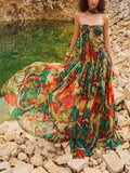 Women's Summer Bohemian Print Strapless Maxi Dress for Beach Party Gown